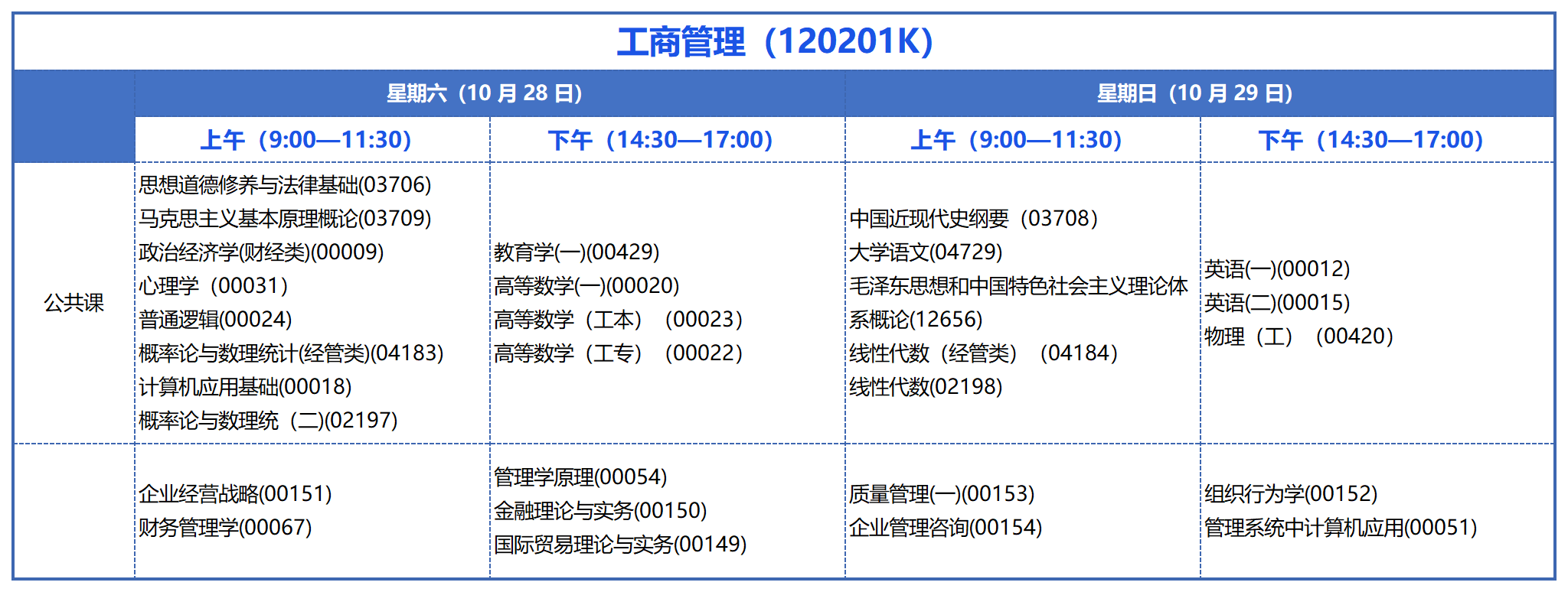 本科考试安排_工商管理(120201K) 本科考试安排_工商管理(120201K)
